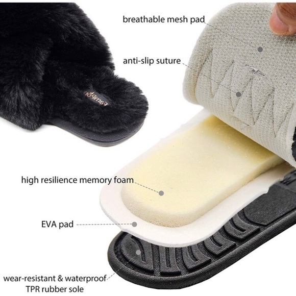 SLIPPERS Fluffy Slides Black Faux Fur, Cross Band Small - Picture 3 of 10